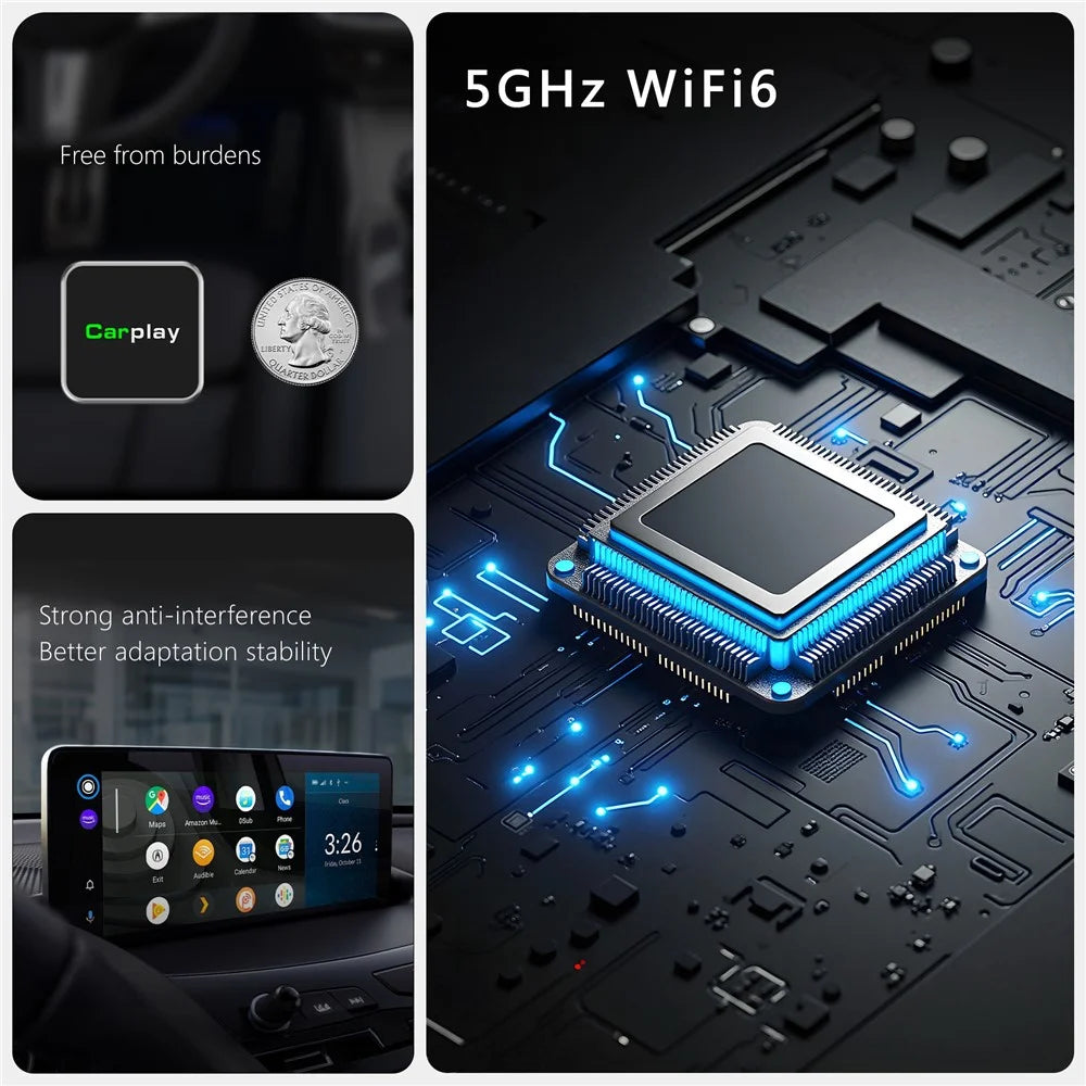 CM102 Wireless CarPlay Adapter Android Auto Converter 2-in-1 WiFi 6 Bluetooth-compatible 5.3 USB Adapter for Car - Black - 7