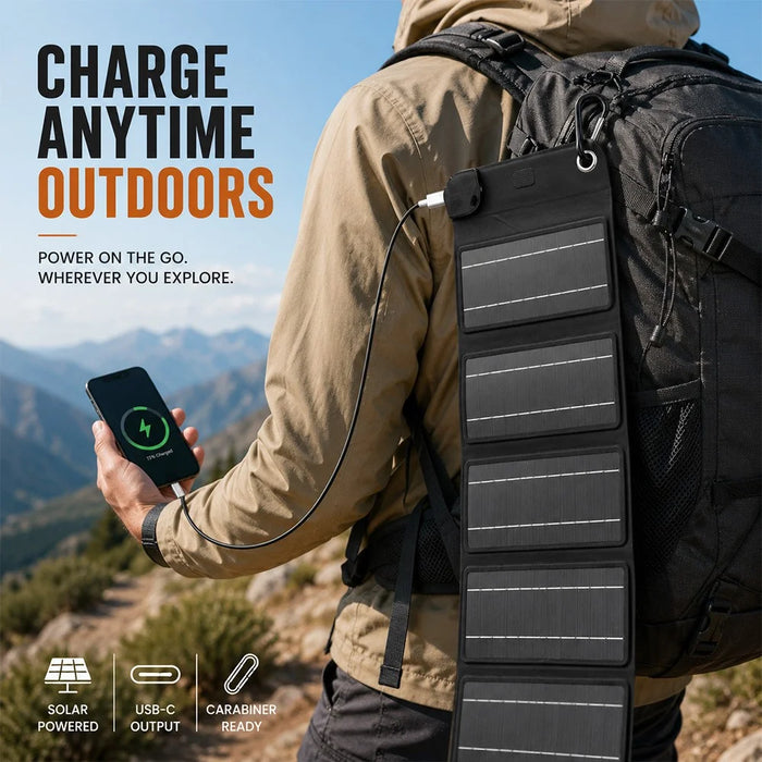 12W Solar Panel Charger 5-Fold Portable Solar Power Bank with USB-C Output for Outdoor Camping - Black - 2
