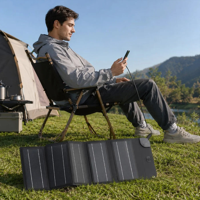 12W Solar Panel Charger 5-Fold Portable Solar Power Bank with USB-C Output for Outdoor Camping - Black - 5