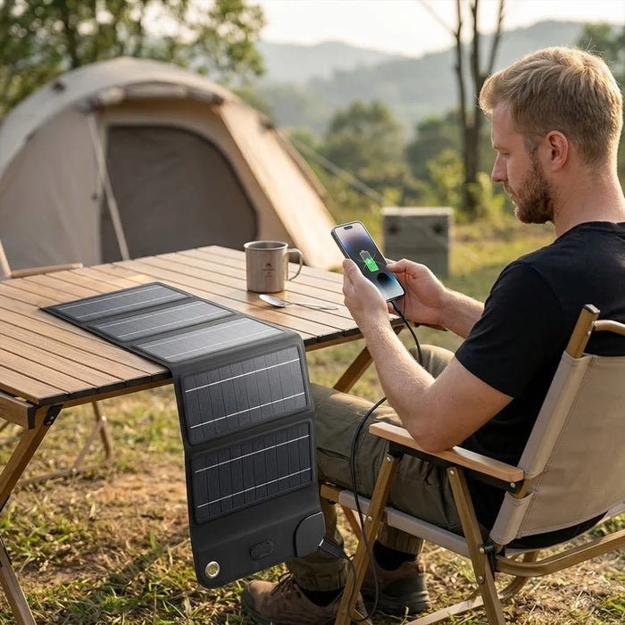 12W Solar Panel Charger 5-Fold Portable Solar Power Bank with USB-C Output for Outdoor Camping - Black - 6