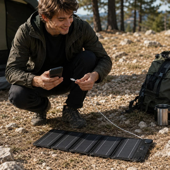 12W Solar Panel Charger 5-Fold Portable Solar Power Bank with USB-C Output for Outdoor Camping - Black - 7