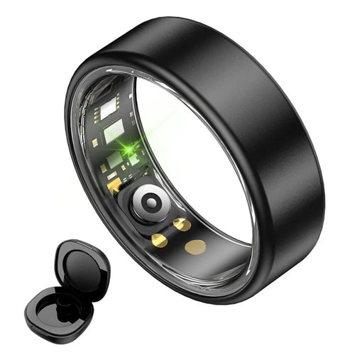 R88 Smart Ring Sleep Heart Rate Blood Oxygen Monitor Fitness Tracker with Charging Case - Black / Size 7 - 1