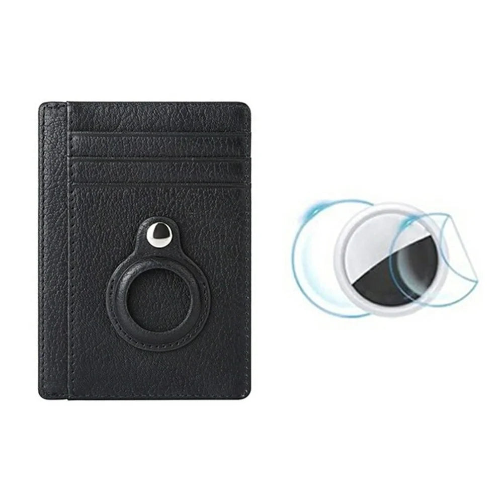 Card Holder RFID Blocking Top-Grain Cowhide Leather Card Wallet for AirTag Tracker with 2Pcs Protective Film - Black - 1