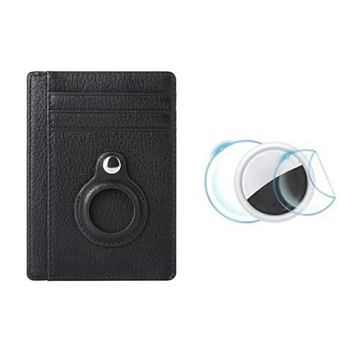 Card Holder RFID Blocking Top-Grain Cowhide Leather Card Wallet for AirTag Tracker with 2Pcs Protective Film - Black - 1
