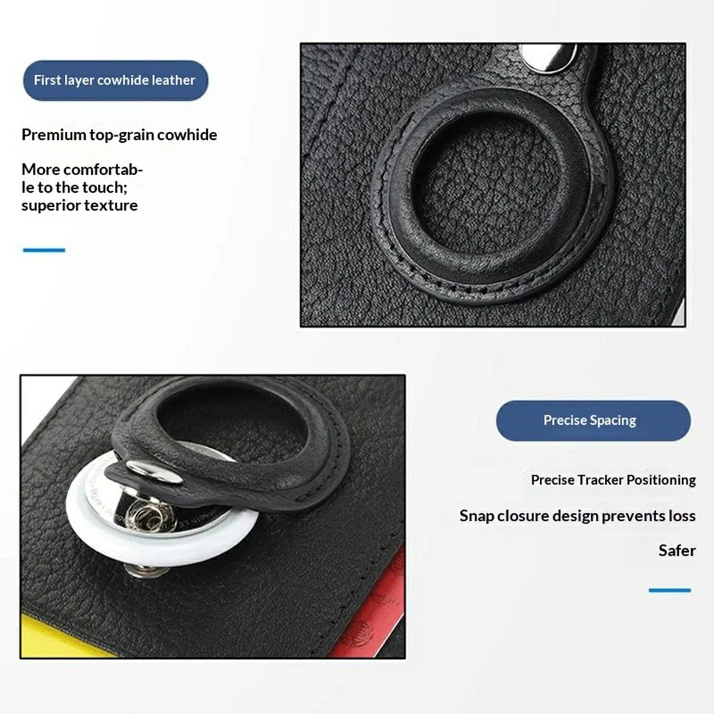 Card Holder RFID Blocking Top-Grain Cowhide Leather Card Wallet for AirTag Tracker with 2Pcs Protective Film - Black - 3
