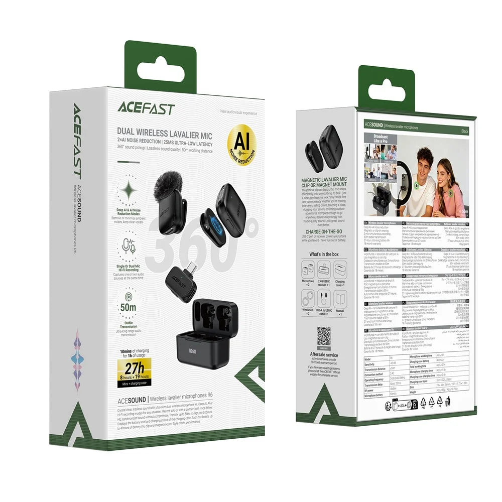 ACEFAST R6 Dual Wireless Lavalier Microphone AI Noise Reduction 360° Pickup 25ms Low Latency - Balck - 7
