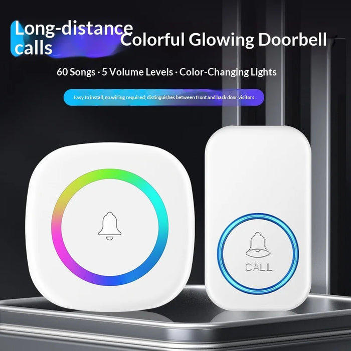 A6 Wireless Doorbell 300m Range 60 Melodies with Colorful LED Light, 1 Transmitter + 1 Receiver - White US Plug - 2