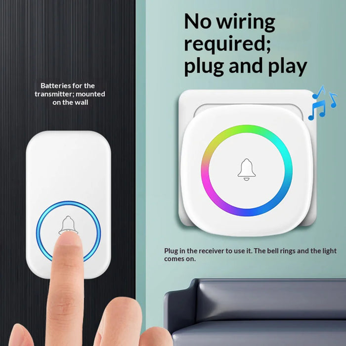A6 Wireless Doorbell 300m Range 60 Melodies with Colorful LED Light, 1 Transmitter + 1 Receiver - White US Plug - 3
