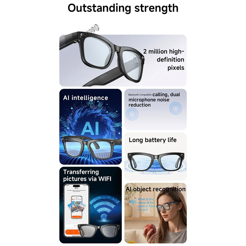 GM6 Bluetooth-compatible Music Smart Glasses with 2MP Camera Video Recording AI Translation - Sunglasses - 3
