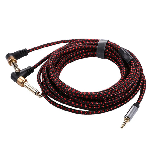5m JY-05 3.5mm to Dual 6.35mm Jack 90° Elbow Plug Male to Male Braided Aux Cord Audio Cable - 1