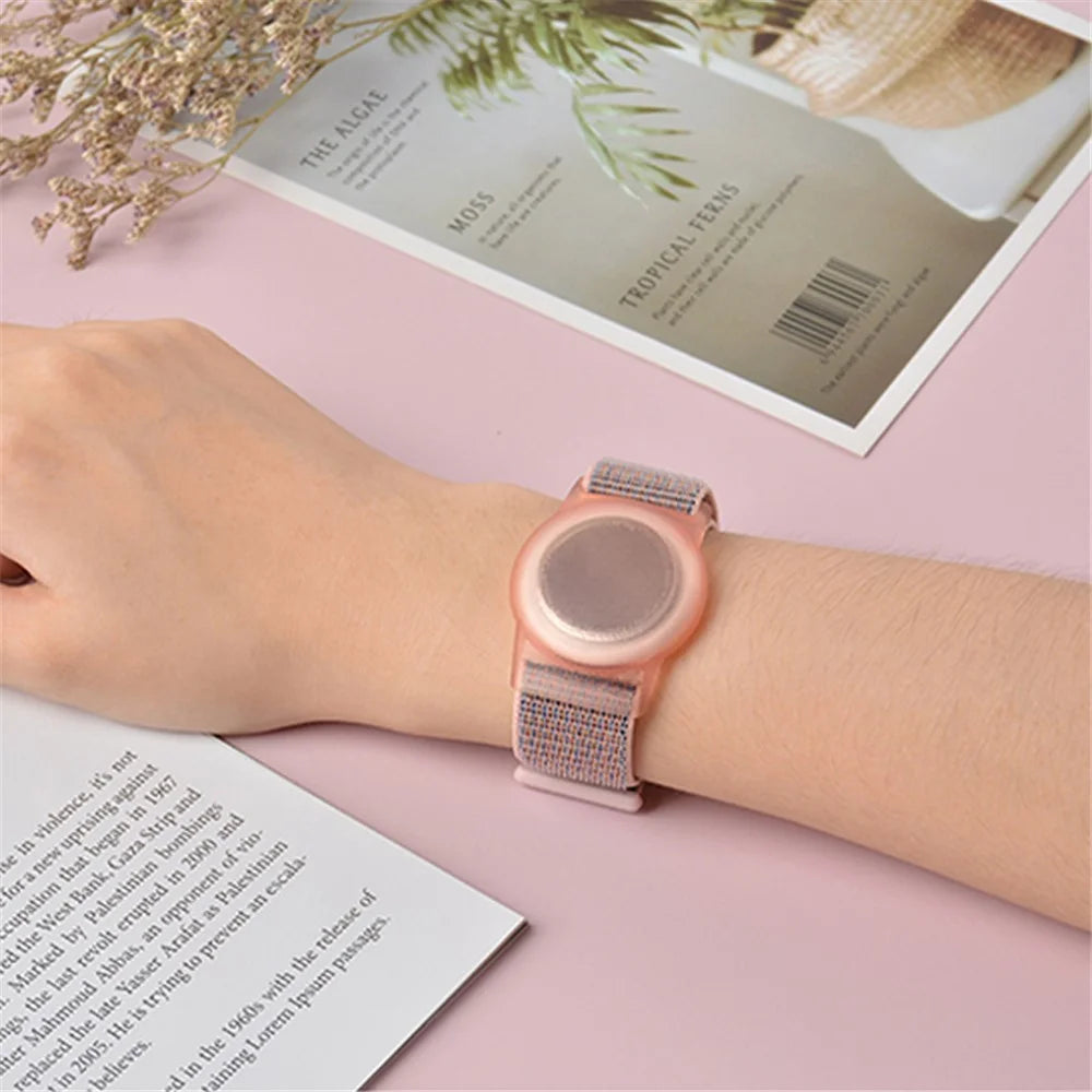 For Apple AirTag Tracker Anti-Lost TPU Protective Case Watch Band Design Loop Nylon Bracelet Strap - Dusty Pink / L - 6