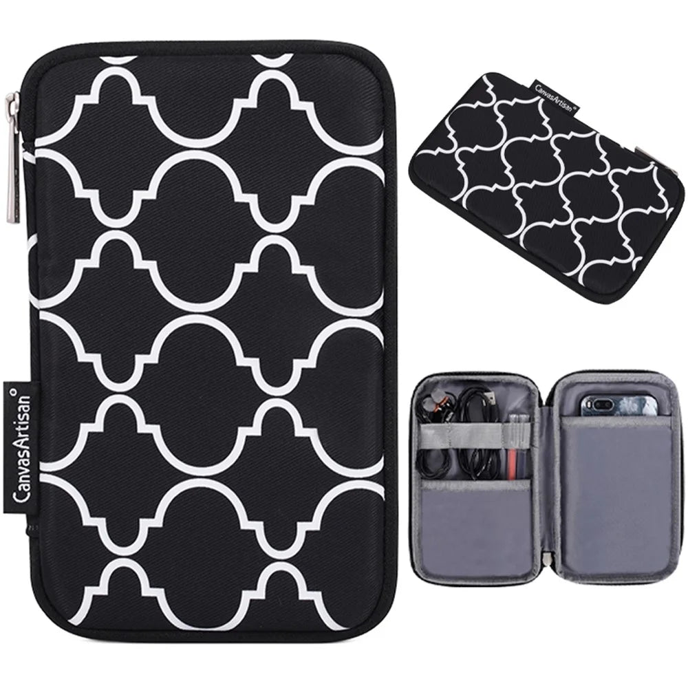 CANVASARTISAN H39-S21 Polyester Grid Texture Printed Electronics Digital Accessories Storage Bag Pouch for USB Data Cable Headphone Charger - Black - 1