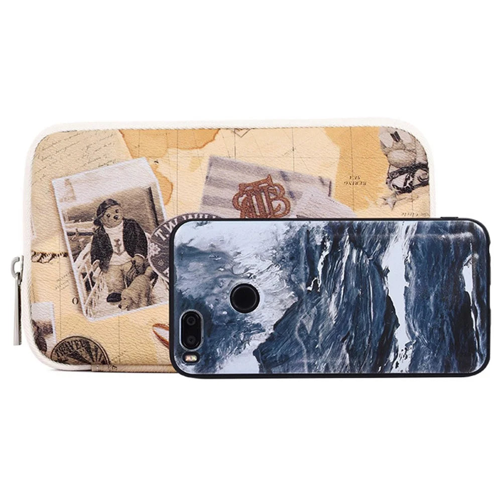 CANVASARTISAN G3-S21 Retro Postcard Pattern PU Leather Power Bank Mouse Carrying Bag Digital Accessories Zipper Storage Case Phone Pouch - Khaki - 4