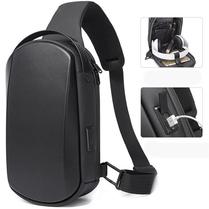 BANGE BG-7256 Men's Chest Bag Waterproof Sling Bag EVA Shell Crossbody Shoulder Bag with USB Charging Port for Casual Hiking Camping Travel - Black - 4