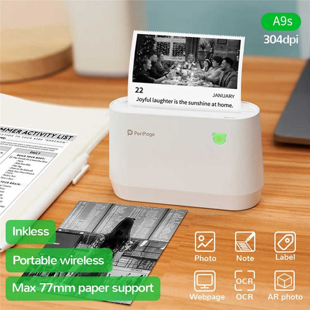 PERIPAGE A9s Mini Portable Printer 304dpi BT Wireless Thermal Printer Label Maker Support 77mm/56mm Paper - 2