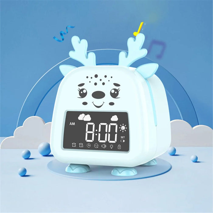 JS2726D Cute Cartoon Elk Kids Children Sleep Training Alarm Clock LED Night Light Digital Clock - Baby Blue - 2