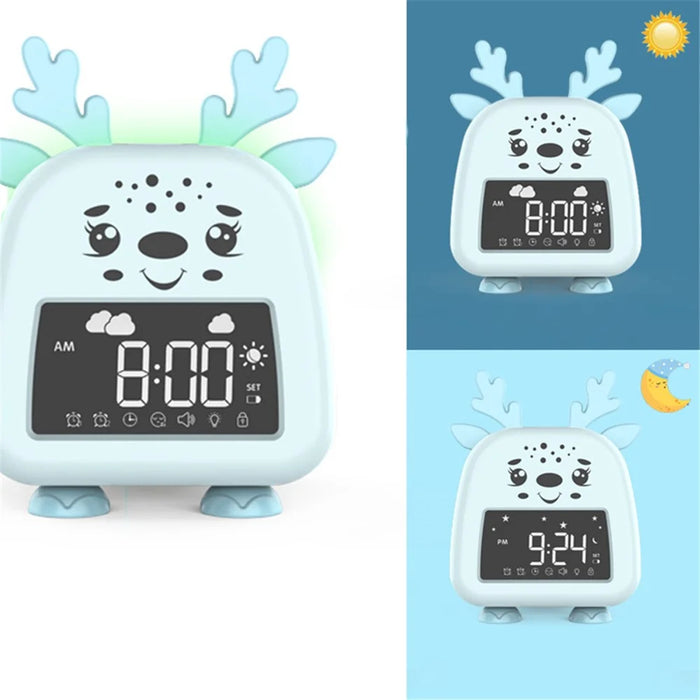 JS2726D Cute Cartoon Elk Kids Children Sleep Training Alarm Clock LED Night Light Digital Clock - Baby Blue - 7