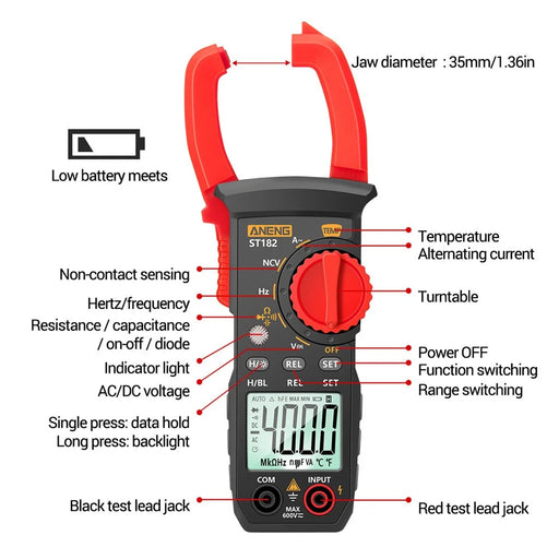 ANENG ST182 Digital Clamp Meter Multimeter DC/AC Current 4000 Counts Ammeter Voltage Tester Car Amp Hz Capacitance NCV Ohm Test Tool - 2