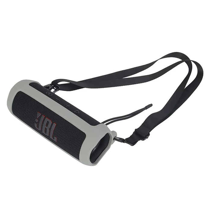 For JBL Flip 6 Silicone Carrying Case Bluetooth-compatible Speaker Protective Cover with Shoulder Strap and Carabiner - Grey - 3