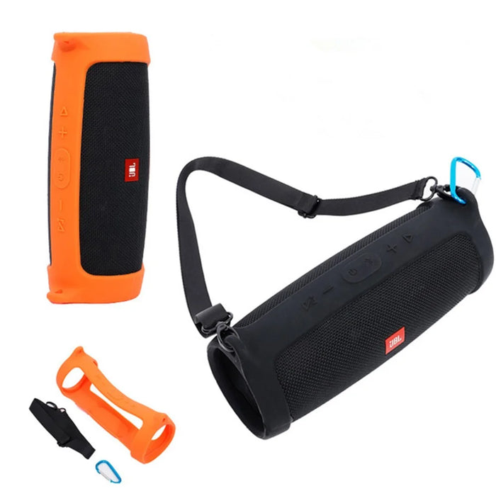 For JBL Charge 4 Case Bluetooth-compatible Speaker Silicone Cover with Shoulder Strap and Carabiner - Orange - 2