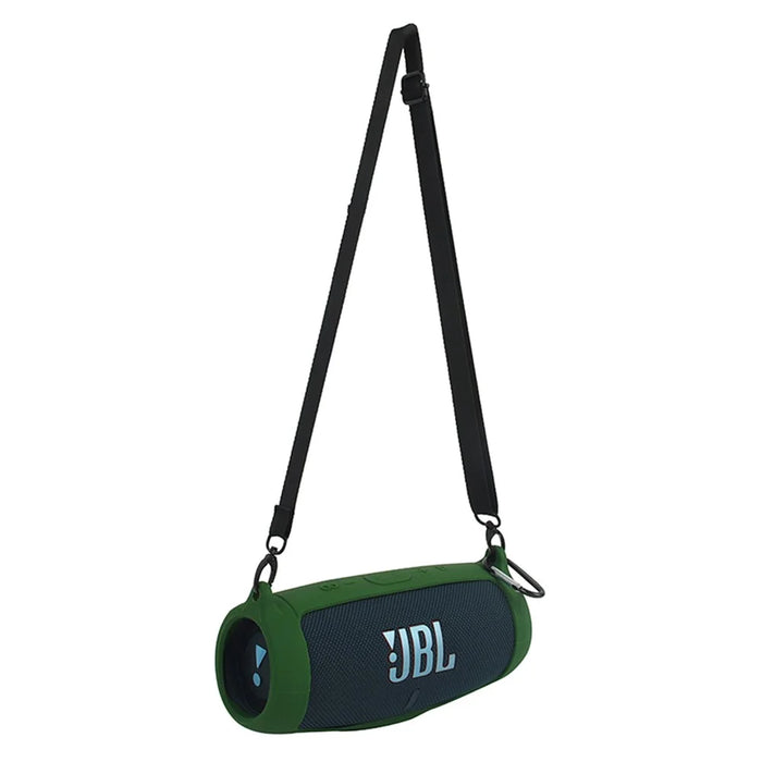 For JBL Charge 5 Silicone Carrying Case Bluetooth-compatible Speaker Anti-drop Protective Cover with Shoulder Strap and Carabiner - Army Green - 1