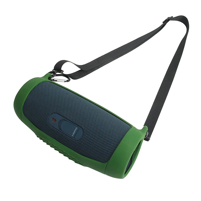 For JBL Charge 5 Silicone Carrying Case Bluetooth-compatible Speaker Anti-drop Protective Cover with Shoulder Strap and Carabiner - Army Green - 4