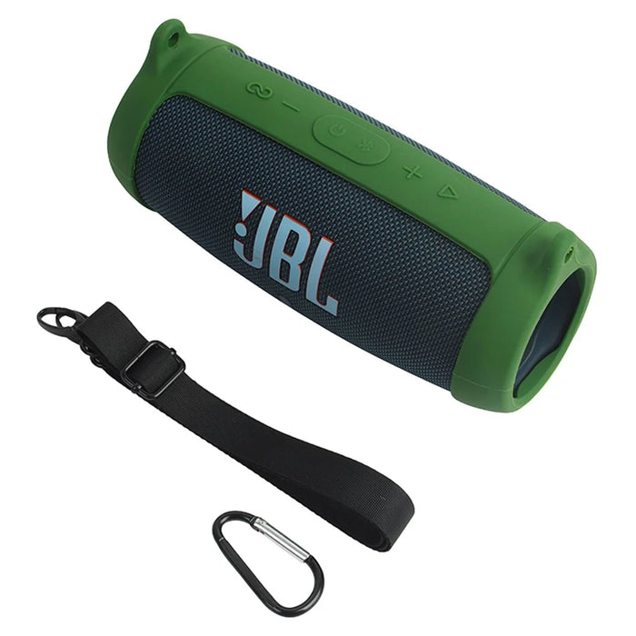 For JBL Charge 5 Silicone Carrying Case Bluetooth-compatible Speaker Anti-drop Protective Cover with Shoulder Strap and Carabiner - Army Green - 5