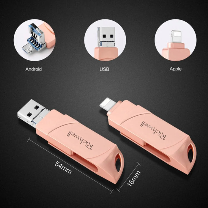 RICHWELL DN-PG31 512GB Plug and Play Flash Drive 3 in 1 Lightning/Micro/USB Swivel U Disk Memory Stick - Pink - 6