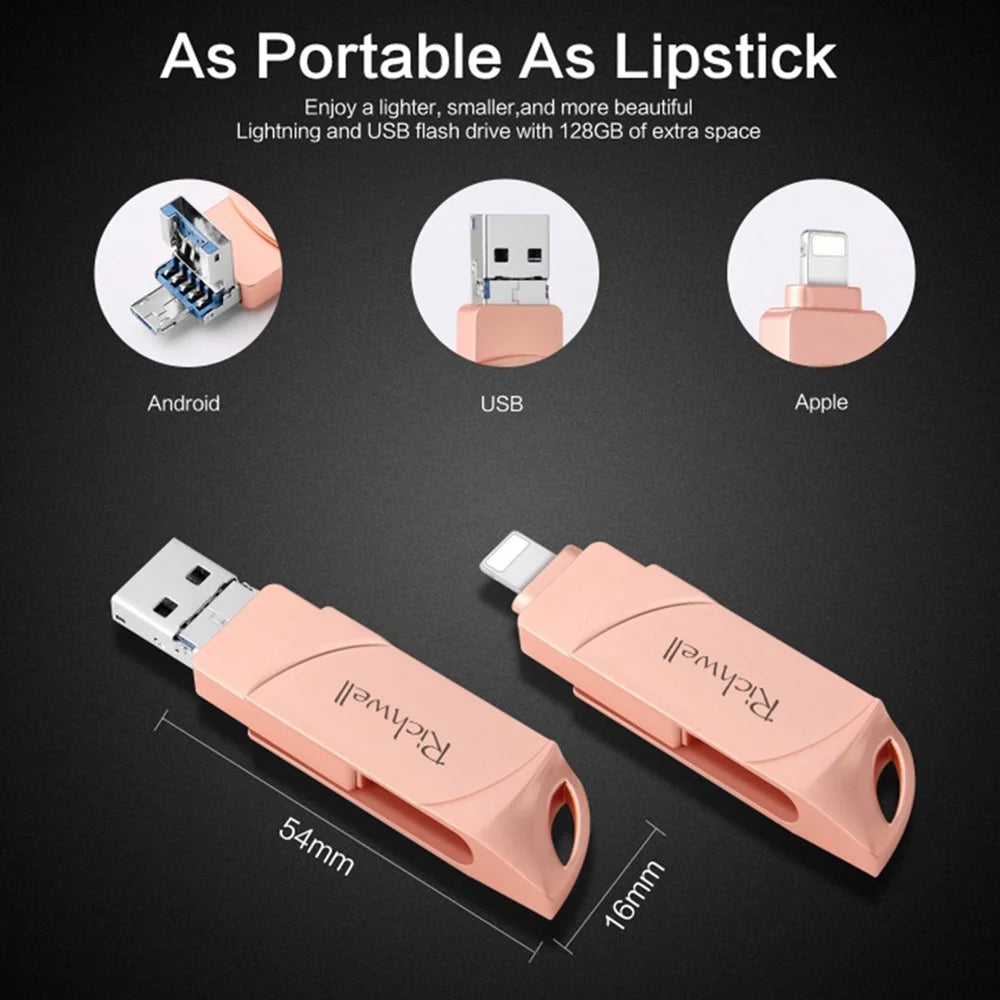 RICHWELL DN-PG31 128GB External Storage Memory Stick Flash Drive 3 in 1 Lightning/Micro/USB Swivel U Disk - Silver - 6