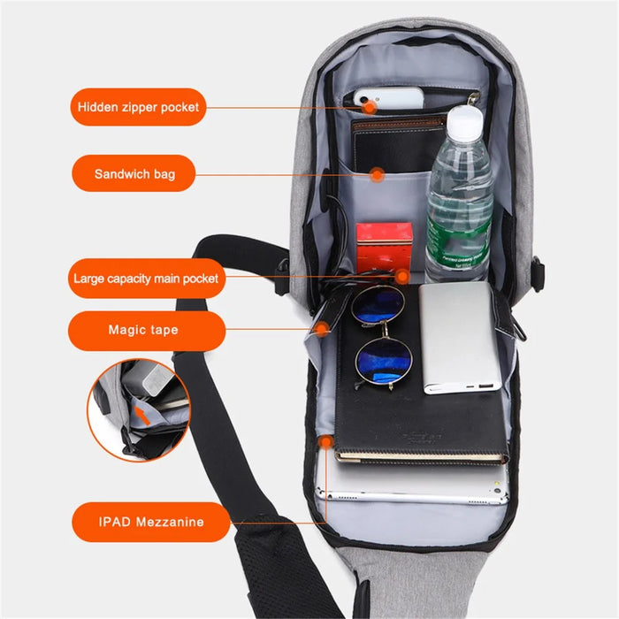 ZZRS 6029 Oxford Cloth Men's Sling Bag with USB Charging Port and 3.5mm Audio Jack, Chest Bag Crossbody Daypack for Hiking, Cycling, Travel, Work - Dark Grey - 6