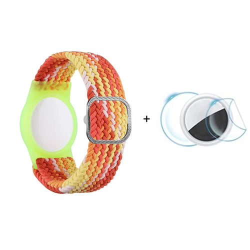 For Apple AirTag Nylon Bracelet Watch Band with TPU Anti-Loss Locator Case Holder, with Front Back Film Set - Colorful Orange - 1