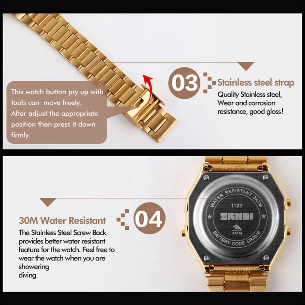 SKMEI 1123 Fashion Men Watch Waterproof Wristwatch Sports Chronograph Clock with Stainless Steel Strap - Gold - 5