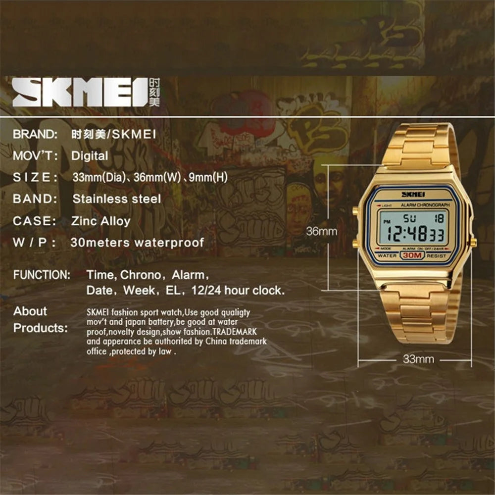 SKMEI 1123 Fashion Men Watch Waterproof Wristwatch Sports Chronograph Clock with Stainless Steel Strap - Gold - 7