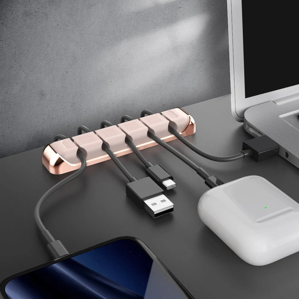 AHASTYLE PT125 Aluminum Alloy + Silicone Cord Organizer Home Office Desk 5-Slot Charging Cable Holder - Pink - 6
