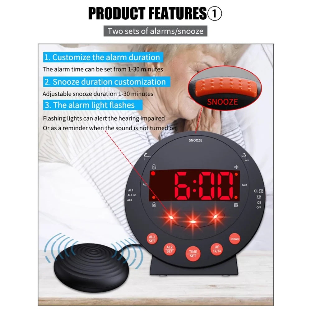 TS-BC600 Loud Vibrating Alarm Clock Digital 12 / 24H Bedroom Clock for Deaf Hearing Impaired Senior - 2