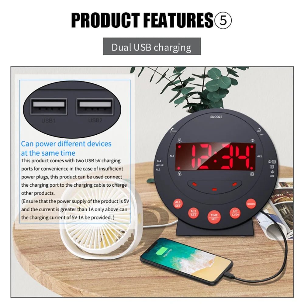 TS-BC600 Loud Vibrating Alarm Clock Digital 12 / 24H Bedroom Clock for Deaf Hearing Impaired Senior - 3