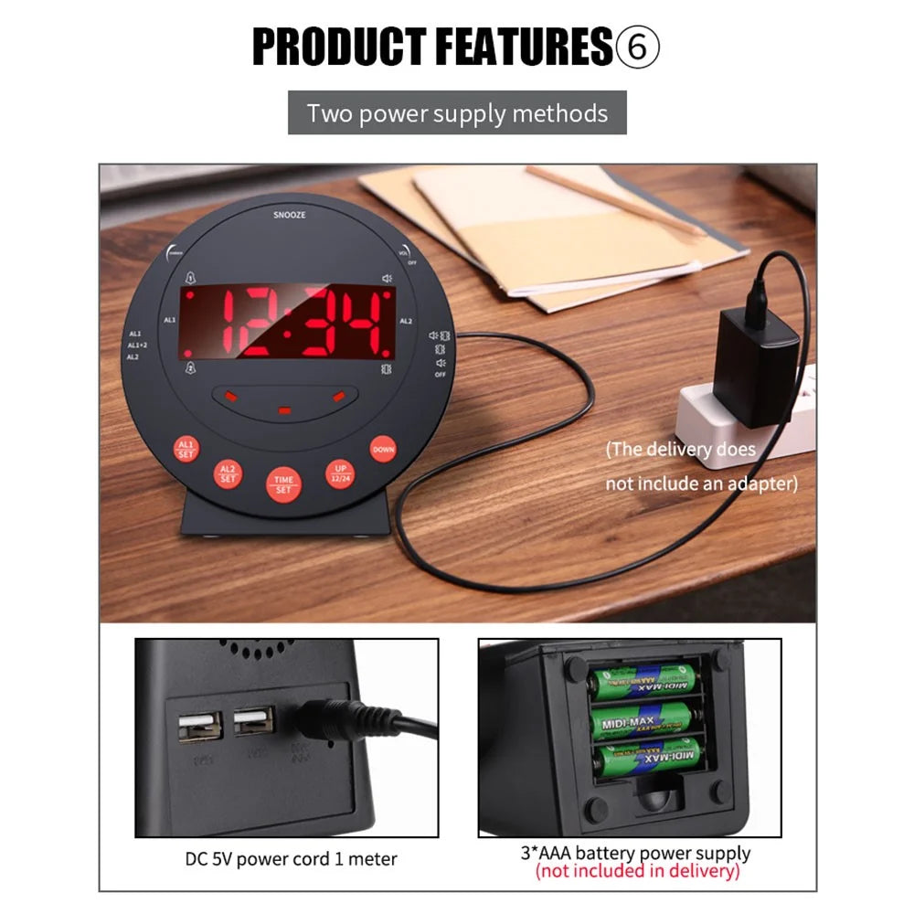 TS-BC600 Loud Vibrating Alarm Clock Digital 12 / 24H Bedroom Clock for Deaf Hearing Impaired Senior - 4