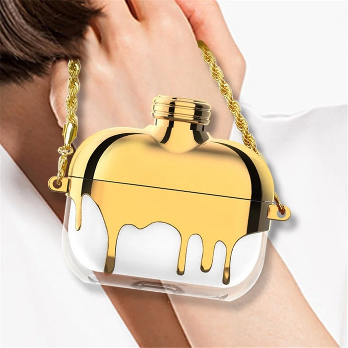 A21 For Apple AirPods 3 Bluetooth-compatible Earphones Protective Case Perfume Bottle Design Electroplating TPU Cover with Chain Strap - Gold - 5