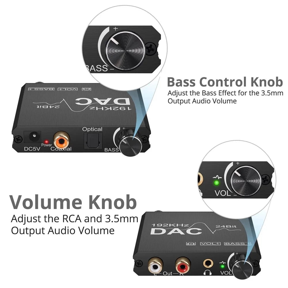 AY106 192Khz 24Bit DAC Digital to Analog Audio Converter with Volume Adjustment and Bass Control - 7
