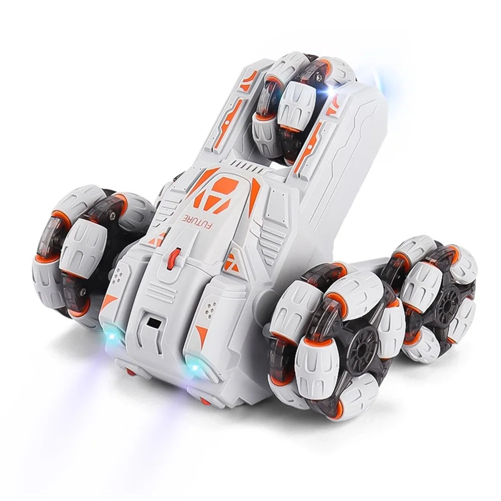 JJRC JC05 2.4Ghz Double Sided Stunt Car Five-Wheel Swing Arm Drift Car Watch Gesture / Remote Controller Car Toy with Colorful Light, Music - Grey / Orange - 2