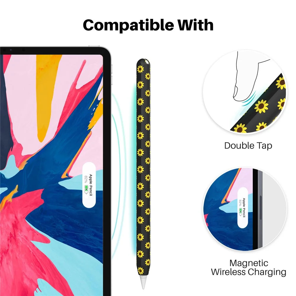 AHASTYLE PT65-SF Pen Sleeve for Apple Pencil (2nd Generation), Sunflower Pattern Stylus Pen Silicone Case Protective Cover - Black - 3