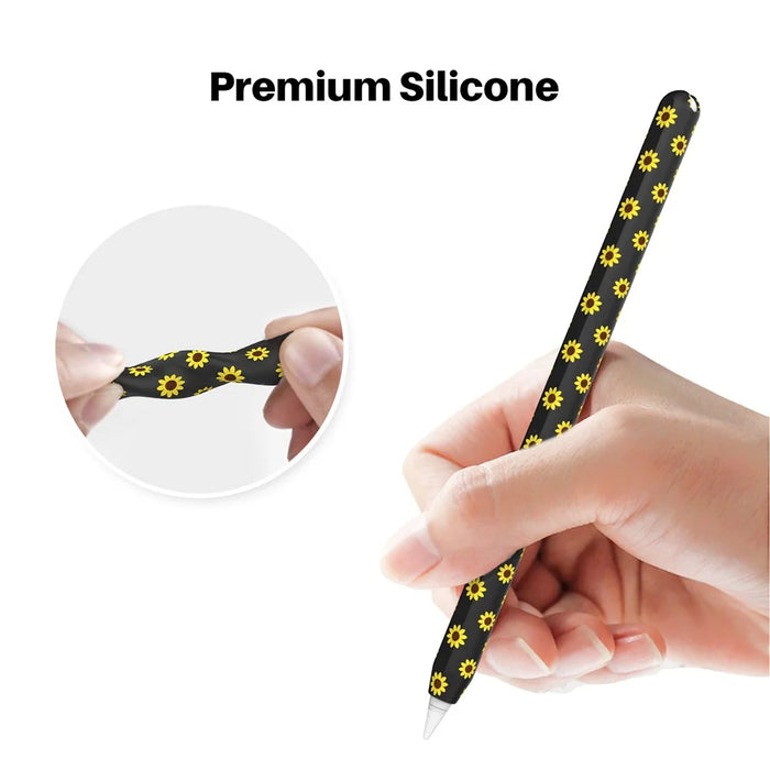 AHASTYLE PT65-SF Pen Sleeve for Apple Pencil (2nd Generation), Sunflower Pattern Stylus Pen Silicone Case Protective Cover - Black - 4