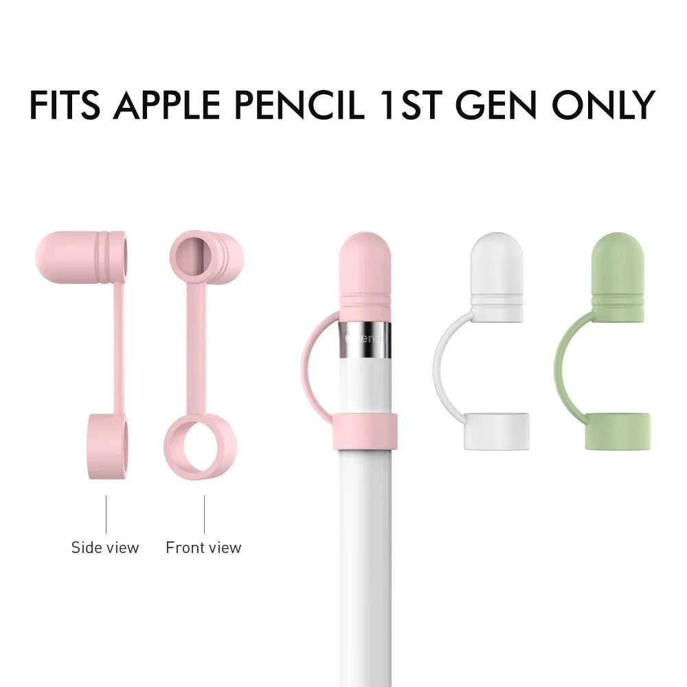 AHASTYLE PT110 3Pcs for Apple Pencil (1st Generation) Charging Cable Adapter Tether Stylus Pen Anti-lost Silicone Cap Cover - White / Pink / Green - 3