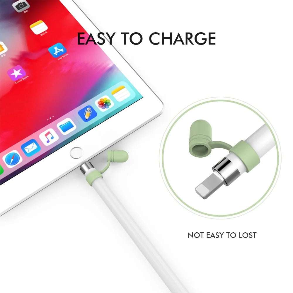 AHASTYLE PT110 3Pcs for Apple Pencil (1st Generation) Charging Cable Adapter Tether Stylus Pen Anti-lost Silicone Cap Cover - White / Pink / Green - 4