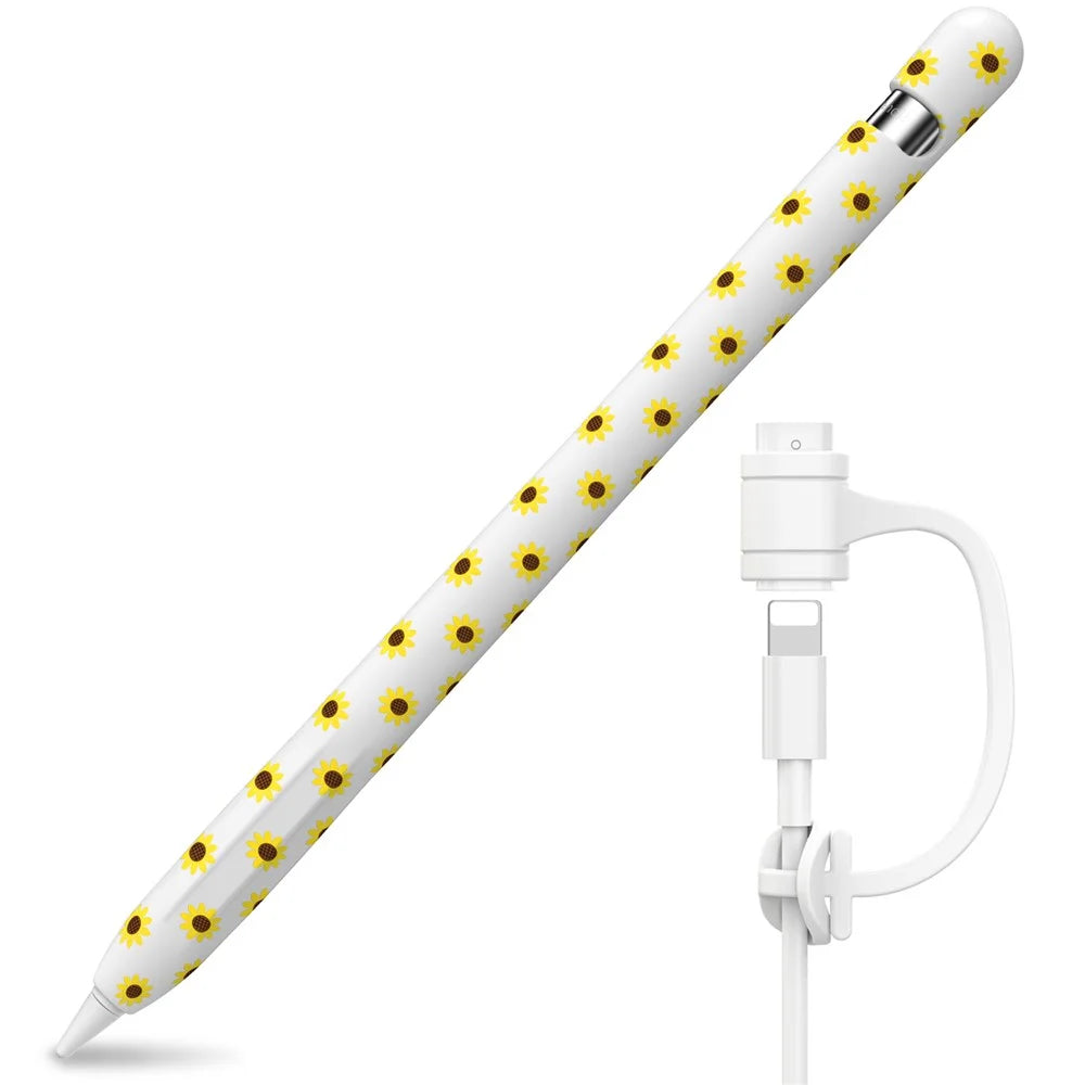 AHASTYLE PT93SF Protective Sleeve for Apple Pencil (1st Generation), Skin-touch Sunflower Pattern Silicone Case Cover - White - 1