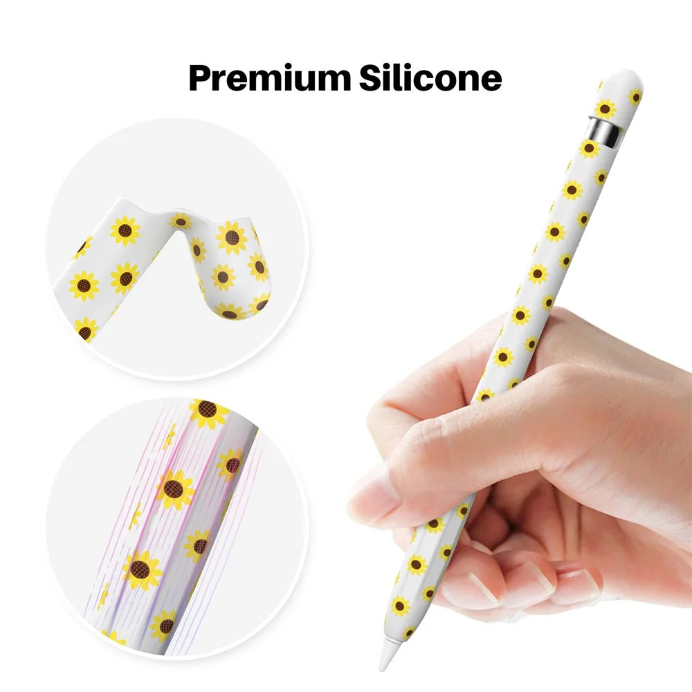 AHASTYLE PT93SF Protective Sleeve for Apple Pencil (1st Generation), Skin-touch Sunflower Pattern Silicone Case Cover - White - 5