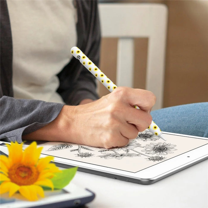 AHASTYLE PT93SF Protective Sleeve for Apple Pencil (1st Generation), Skin-touch Sunflower Pattern Silicone Case Cover - White - 6