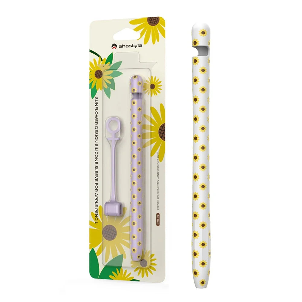 AHASTYLE PT93SF Protective Sleeve for Apple Pencil (1st Generation), Skin-touch Sunflower Pattern Silicone Case Cover - White - 7