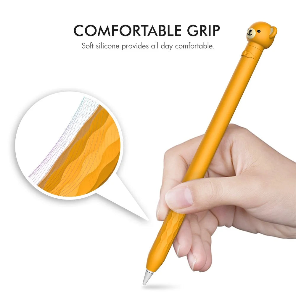 AHASTYLE PT129-1 For Apple Pencil 1st Generation Cartoon Animal Stylus Pen Cover Soft Silicone Protective Sleeve - Orange Bear - 4