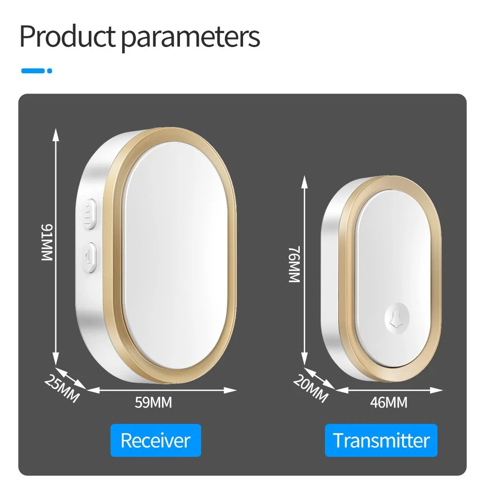CACAZI A99 Waterproof Door Bell Wireless Doorbell Home, 1 Receiver and 2 Transmitters (without Battery) , EU Plug - Black / Gold - 7